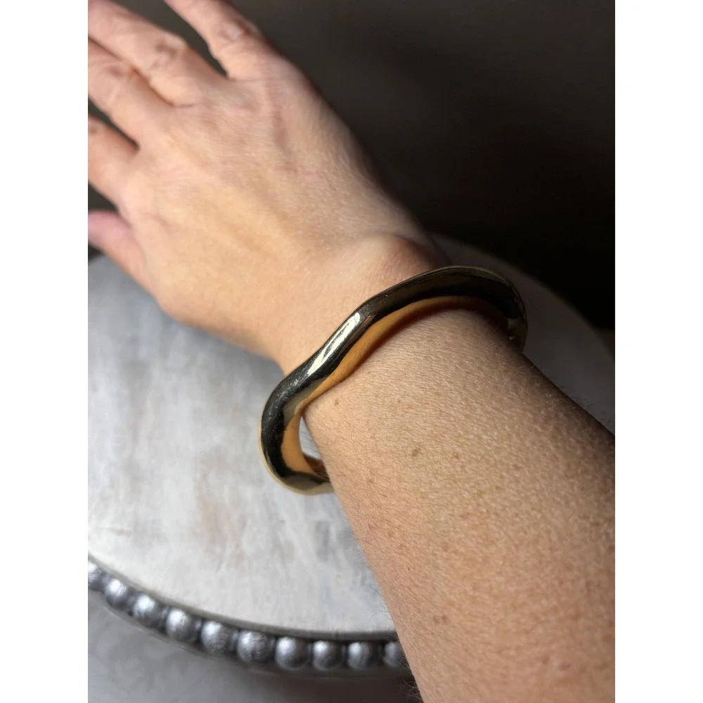 Gold Tone Organic Wavy Cuff Bracelet Sculptural Statement Open Bangle